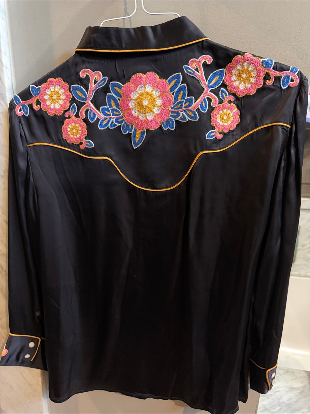 THE GREAT. Black Embroidered Silk Western Blouse with Pink Floral Accents - Picture 5 of 6
